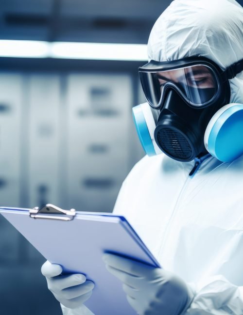 Professional in Hazardous Material Suit Conducting Inspection in a Lab facility